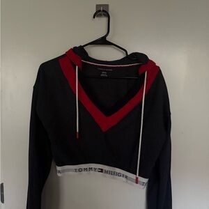 Tommy Hilfiger Black Cropped Hoodie with Red and White Accents